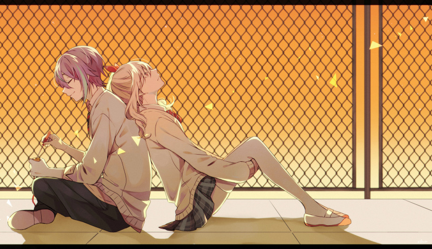 1boy, 1other, akiyama_mizuki, androgynous, back-to-back, blue_hair, bow, cardigan