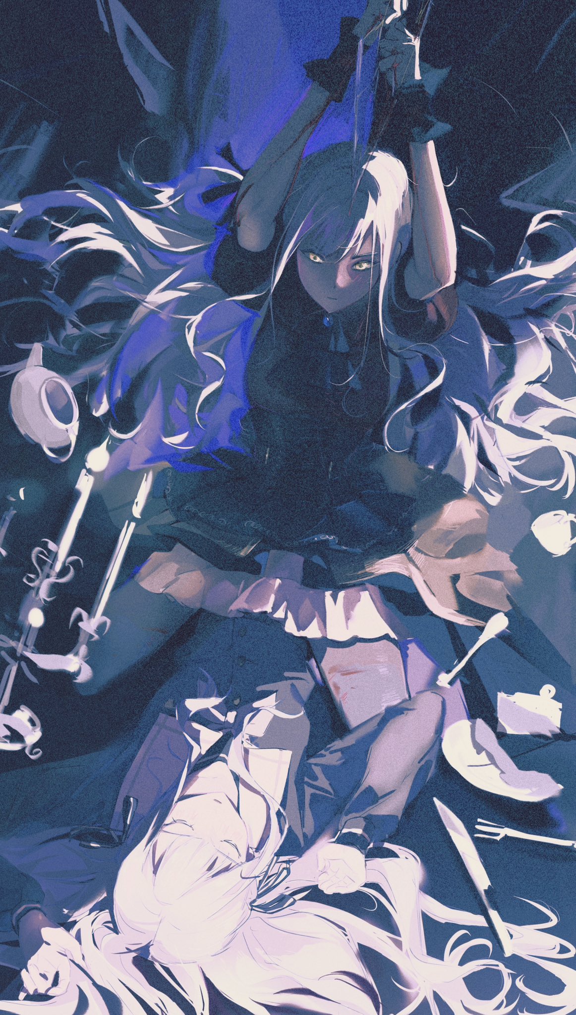 2girls, bang_dream!, bang_dream!_it's_mygo!!!!!, blood, blood_on_arm, blue_hair, blue_shirt, blue_theme