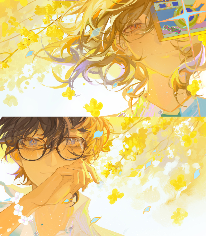 2boys, absurdres, akechi_gorou, amamiya_ren, baicumikuo, black_hair, blonde_hair, blue_eyes, bracelet, branch, camera, day, eyelashes, fingernails, floating_hair, flower, flower_bracelet, glasses, hair_between_eyes, hand_up, happy, highres, holding, holding_camera, jewelry, light_blush, looking_at_viewer, male_focus, medium_hair, multiple_boys, one_eye_covered, persona, persona_5, portrait, short_hair, smile, sunlight, wind, yellow_eyes, yellow_flower
