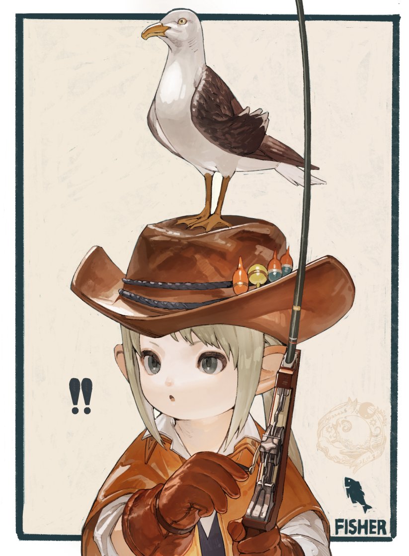 !, !!, 1girl, :o, animal_on_head, bird, bird_on_head, blue_eyes