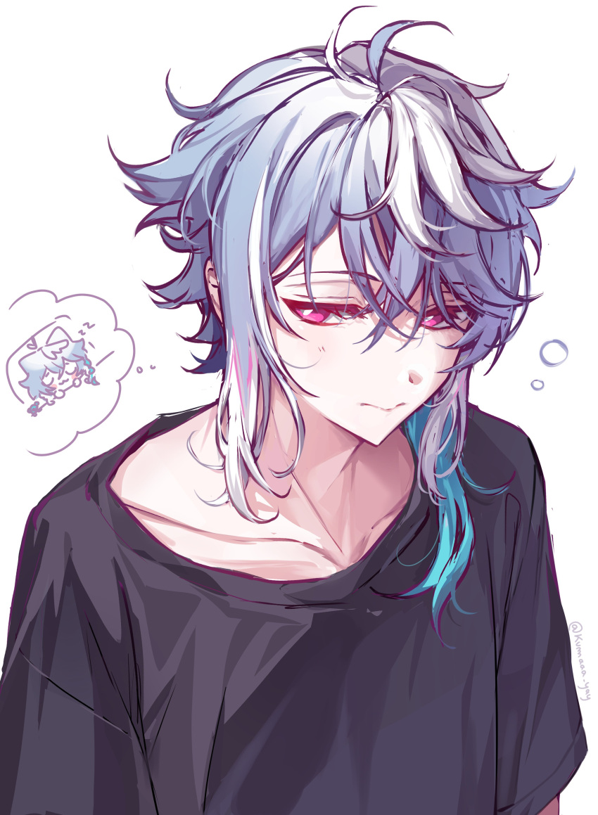 1boy, absurdres, bishounen, black_shirt, blue_hair, closed_mouth, collarbone, crossed_bangs