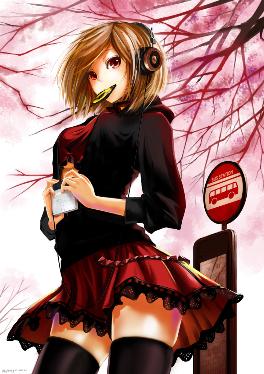 black_thighhighs, blonde_hair, breasts, bus_stop, crop_top, grado_labs, headphones, highres, maisaki, meiko, minidisc, mouth_hold, red_eyes, skindentation, skirt, solo, sony, thigh-highs, thighhighs, underboob, vocaloid, wind, zettai_ryouiki