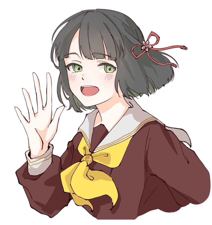 1girl, :d, black_hair, blunt_bangs, blunt_ends, blush, brown_dress, commentary