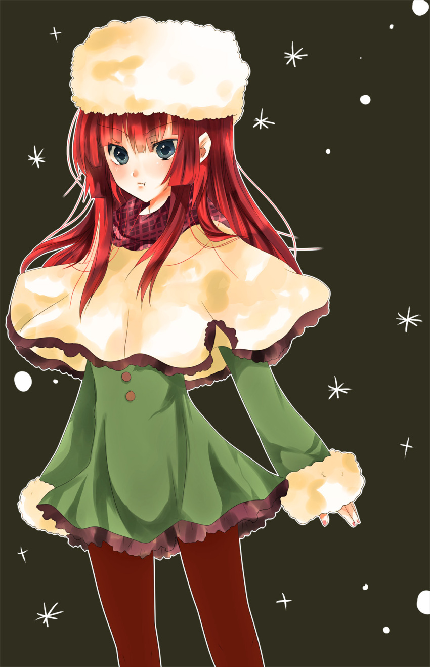blue_eyes, blush, capelet, dress, fur_hat, hat, highres, ikuchi