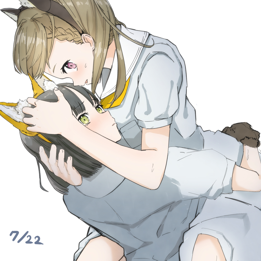 2girls, animal_ear_hairband, animal_ears, animal_hands, black_gloves, black_hair, black_hairband, blue_dress, blunt_bangs, blunt_ends, braid, breast_pocket, brown_hair, cat_ear_hairband, cat_ears, center-flap_bangs, commentary, dated, dress, fake_animal_ears, fox_ears, gloves, green_eyes, hairband, hasu_no_sora_school_uniform, kachimachi_kosuzu, link!_like!_love_live!, llb, long_hair, looking_at_viewer, love_live!, medium_dress, momose_ginko, multiple_girls, neckerchief, open_mouth, parted_lips, paw_gloves, pink_eyes, pleated_dress, pocket, puffy_short_sleeves, puffy_sleeves, sailor_collar, sailor_dress, school_uniform, short_hair, short_sleeves, side_ahoge, side_braids, simple_background, straight_hair, summer_uniform, sweatdrop, virtual_youtuber, white_background, white_sailor_collar, yellow_neckerchief, yuri