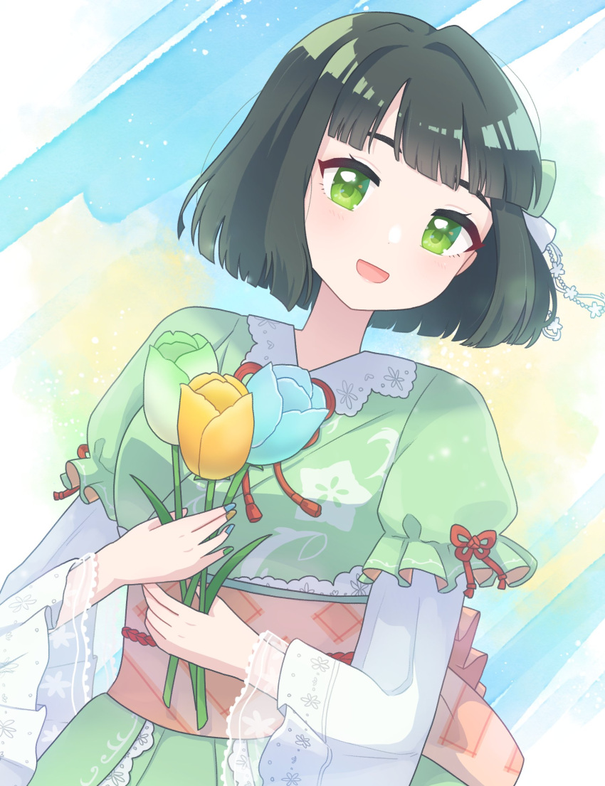1girl, :d, aoku_haruka, blue_background, blue_flower, blue_tulip, blunt_bangs, blunt_ends