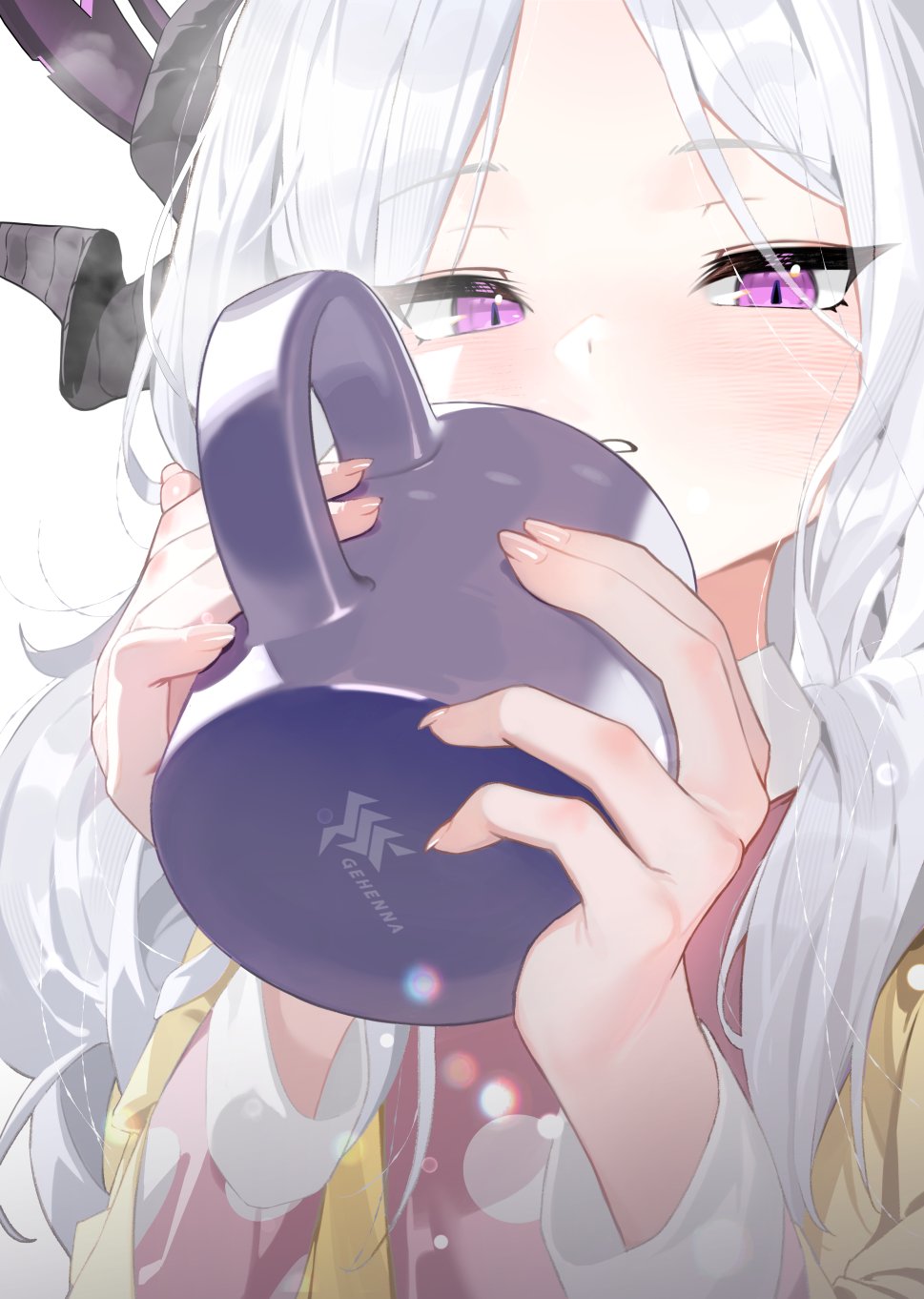 1girl, blue_archive, blush, cardigan, commentary_request, cup, demon_horns, gehenna_academy_logo