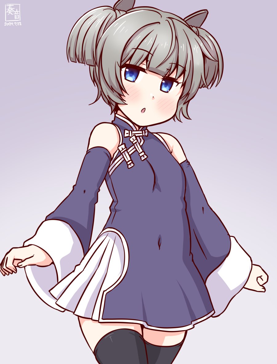 1girl, alternate_costume, artist_logo, black_thighhighs, blue_eyes, breasts, china_dress, chinese_clothes