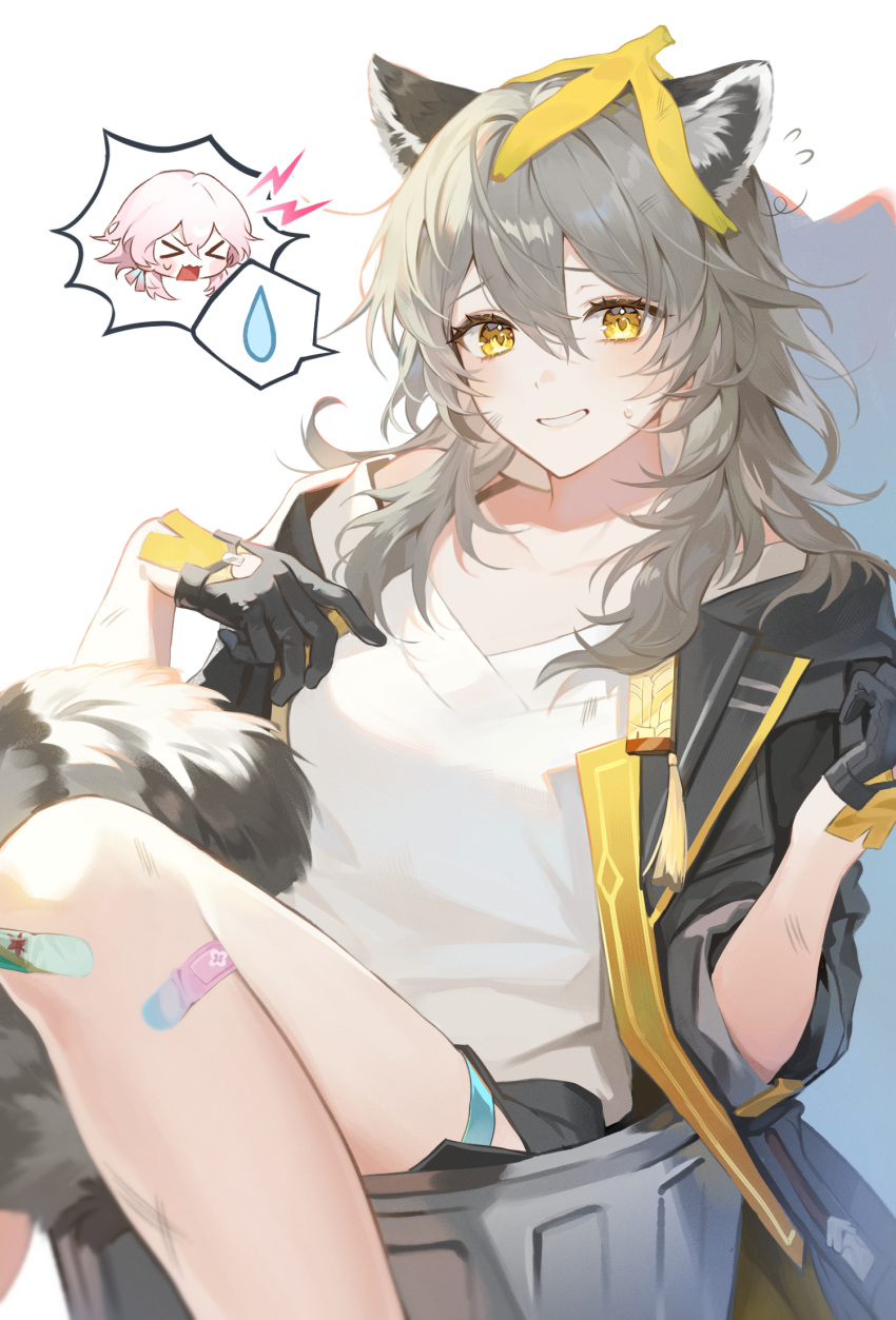 >_<, 2girls, animal_ears, banana_peel, bandaid, bandaid_on_leg, black_gloves, black_jacket, black_shorts, breasts, clenched_teeth, flying_sweatdrops, gloves, grey_hair, grin, highres, honkai:_star_rail, honkai_(series), in_trash_can, jacket, medium_breasts, messy_hair, multiple_girls, myrpo, off-shoulder_shirt, off_shoulder, raccoon_ears, raccoon_girl, raccoon_tail, shadow, shirt, shorts, sleeve_rolled_up, smile, spoken_character, spoken_sweatdrop, stelle_(honkai:_star_rail), sweatdrop, tail, teeth, thigh_strap, trailblazer_(honkai:_star_rail), trash_can, white_shirt, yellow_eyes, yellow_trim