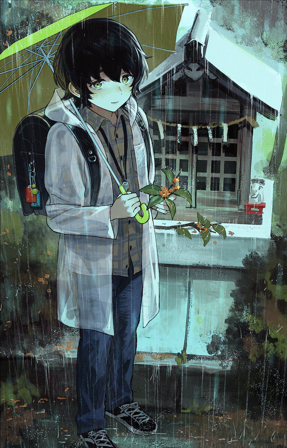 1boy, altar, backpack, bad_id, bad_pixiv_id, bag, bag_charm, black_bag