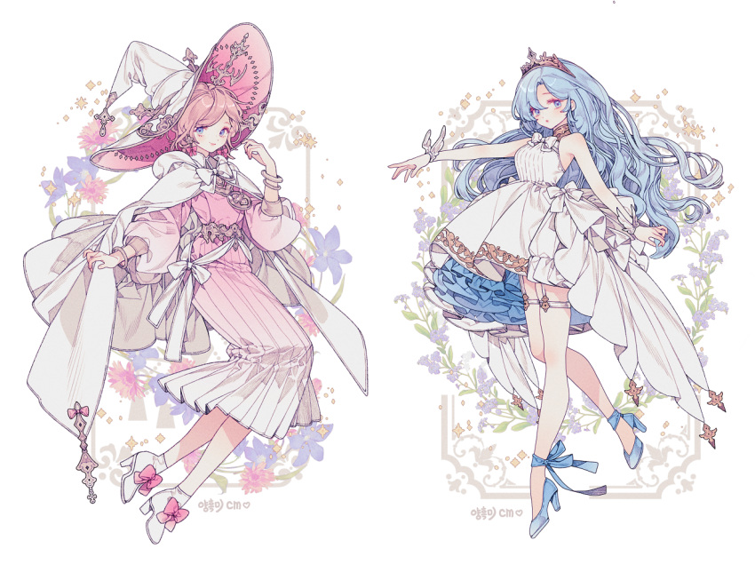 2girls, blue_eyes, blue_footwear, blue_hair, blue_ribbon, boots, bow, bracelet