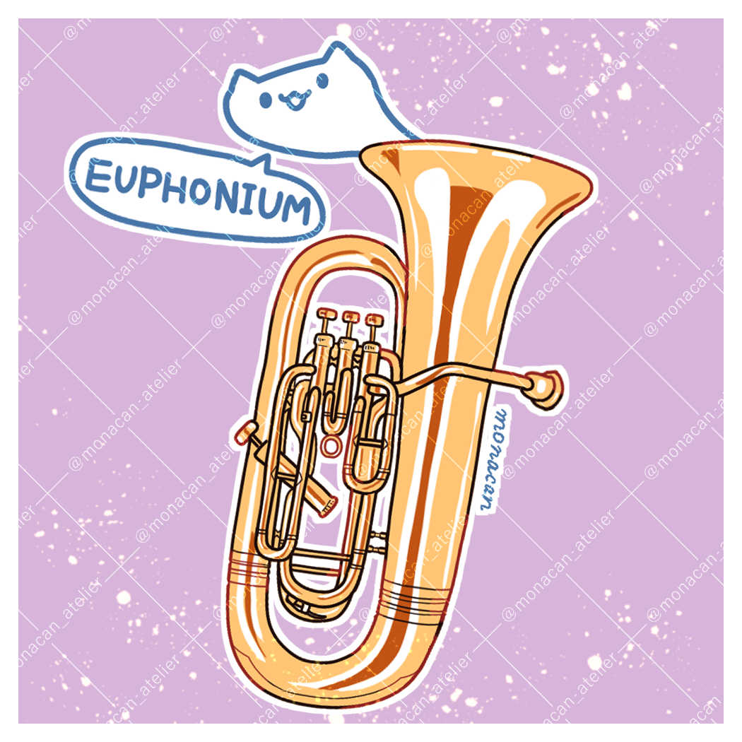 artist_name, border, cat, english_text, euphonium, instrument, monacan_atelier, no_humans