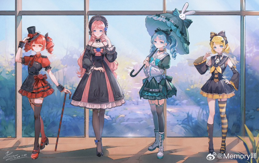 4girls, apron, argyle_clothes, argyle_socks, asymmetrical_footwear, asymmetrical_legwear, bare_shoulders, bell