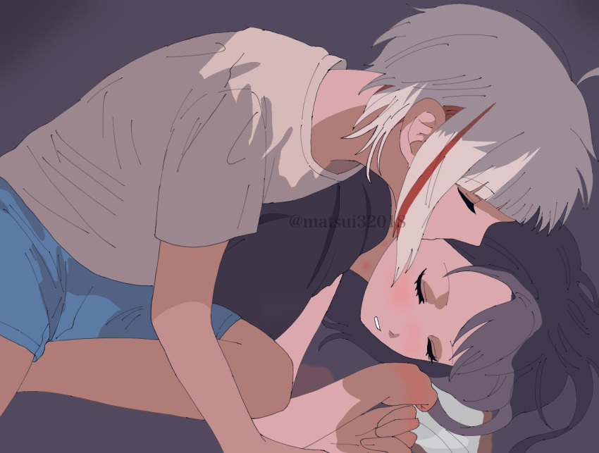 2girls, black_hair, black_shirt, blue_shorts, blush, closed_eyes, grey_background, grey_hair, kiss, kissing_cheek, link!_like!_love_live!, long_hair, love_live!, matsui_ibuki, multicolored_hair, multiple_girls, murano_sayaka, redhead, shirt, short_hair, short_sleeves, shorts, sidelocks, sleeping, sleepwear, streaked_hair, virtual_youtuber, white_shirt, yugiri_tsuzuri, yuri