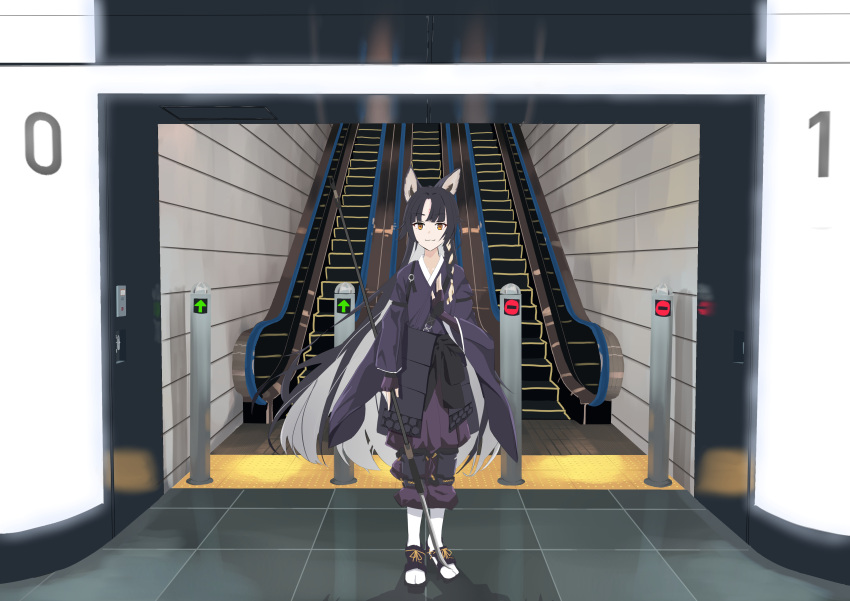 1girl, :3, absurdres, animal_ears, arknights, arrow_(symbol), black_footwear, black_hair