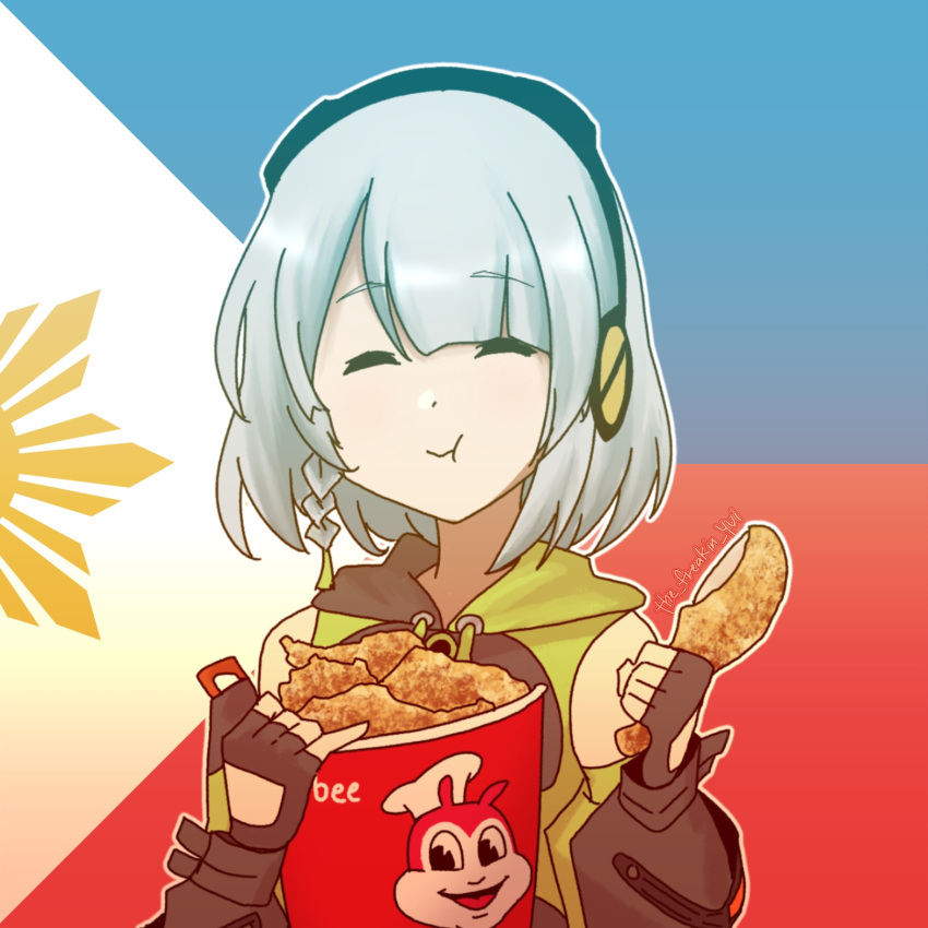 1girl, anby_demara, black_gloves, black_headphones, braid, bucket_of_chicken, chicken_(food), closed_eyes