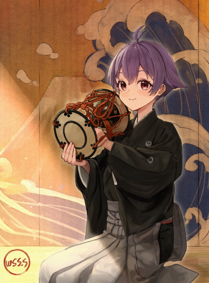1girl, alternate_costume, artist_name, black_kimono, brown_eyes, drum, hakama, instrument