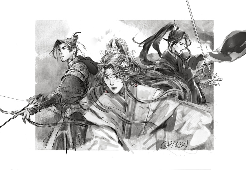 3boys, abstract_background, armor, arrow_(projectile), border, bow_(weapon), bracer, chinese_clothes
