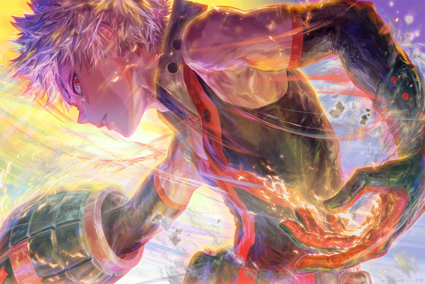 1boy, bakugou_katsuki, black_gloves, black_shirt, blonde_hair, boku_no_hero_academia, colorful, commentary