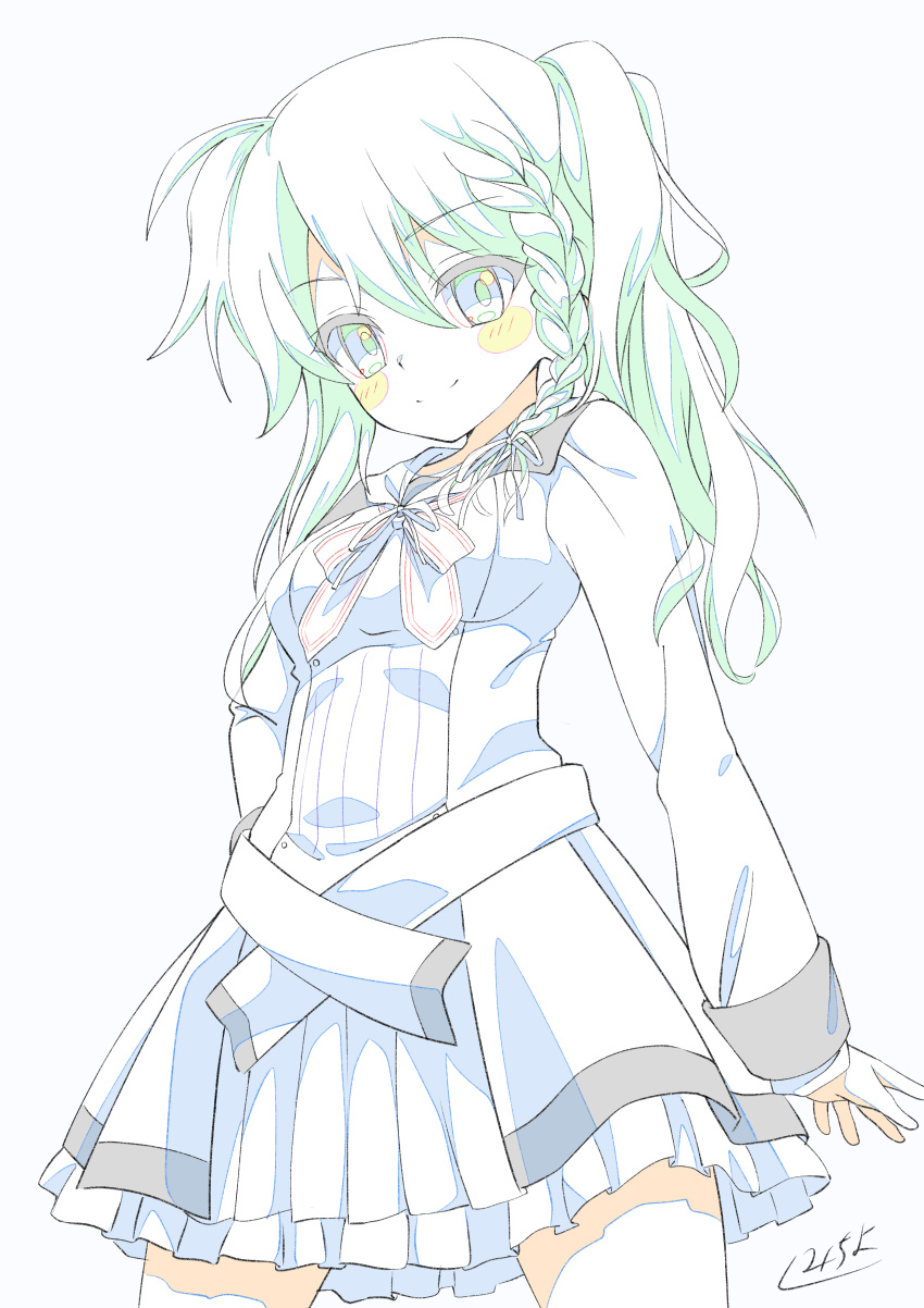 1girl, 9-nine-, absurdres, ahoge, arm_at_side, belt, blush_stickers, braid, breasts, closed_mouth, commentary, cowboy_shot, dress, eyes_visible_through_hair, frilled_dress, frills, from_below, grey_eyes, hair_between_eyes, hair_ribbon, hand_on_own_hip, happy, highres, kumichiyo, limited_palette, long_hair, long_sleeves, looking_at_viewer, looking_down, medium_breasts, niimi_sora, pink_ribbon, ribbon, school_uniform, short_dress, side_ponytail, sidelocks, signature, simple_background, single_braid, sketch, smile, solo, split_mouth, white_background, white_belt, white_dress, white_hair, white_ribbon