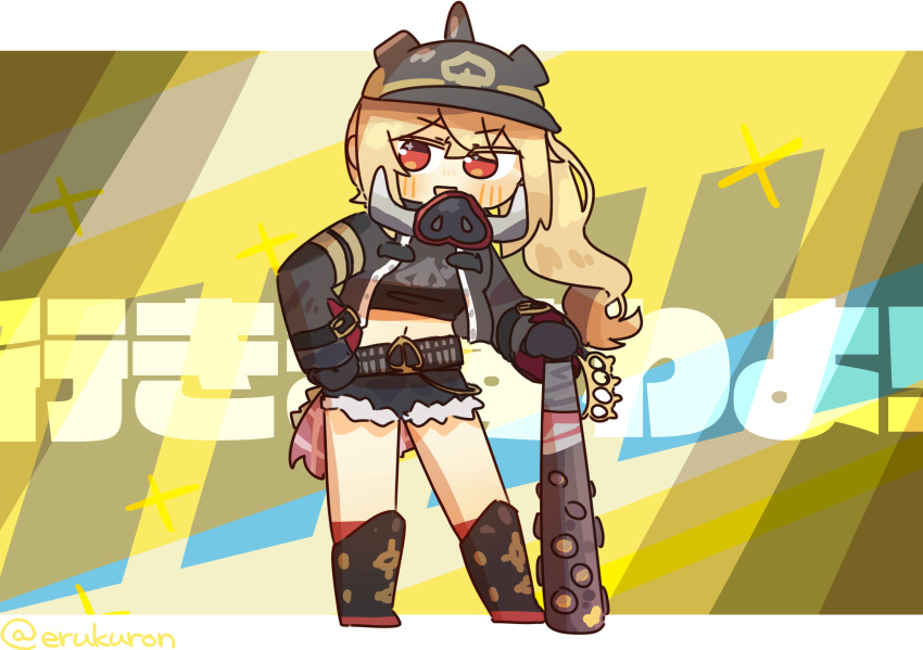 1girl, baseball_bat, belt, biker_clothes, black_jacket, chibi, commentary, contrapposto