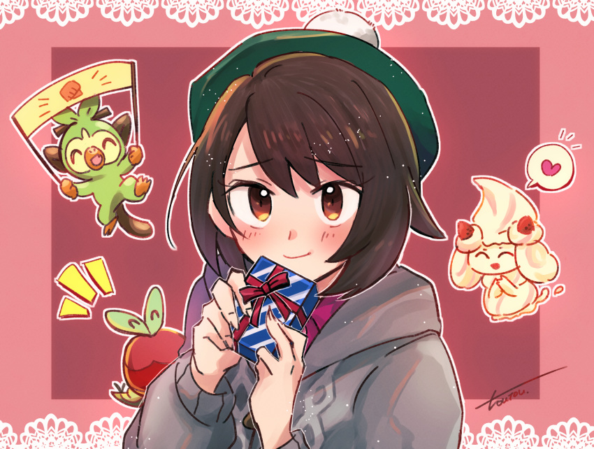 1girl, alcremie, alcremie_(strawberry_sweet), alcremie_(vanilla_cream), applin, artist_name, blush, box