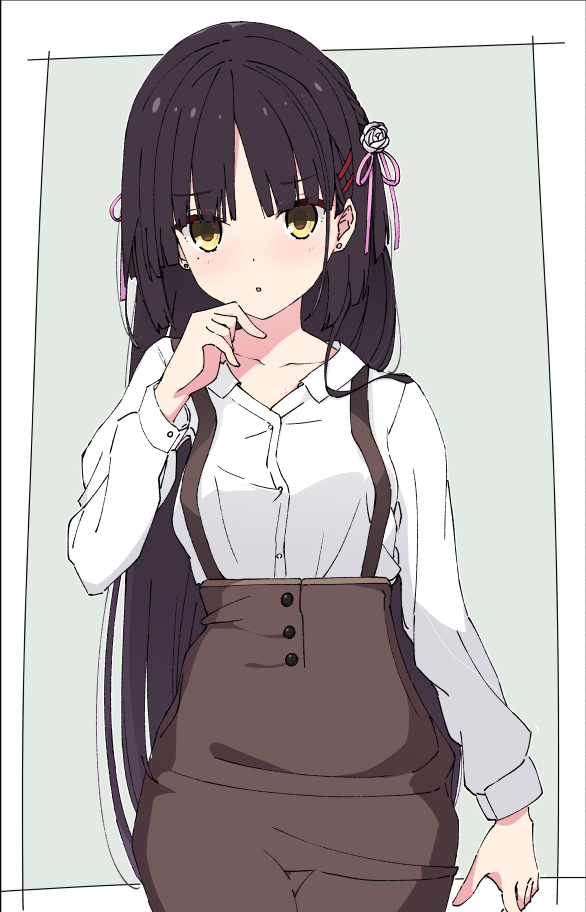 1girl, :o, arm_at_side, black_hair, blush, border, brown_skirt, cafe_stella_to_shinigami_no_chou