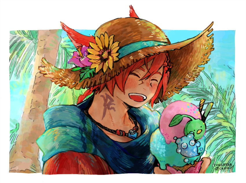 1boy, :d, animal_ears, archon_mark, blush, cat_ears, closed_eyes, ears_through_headwear