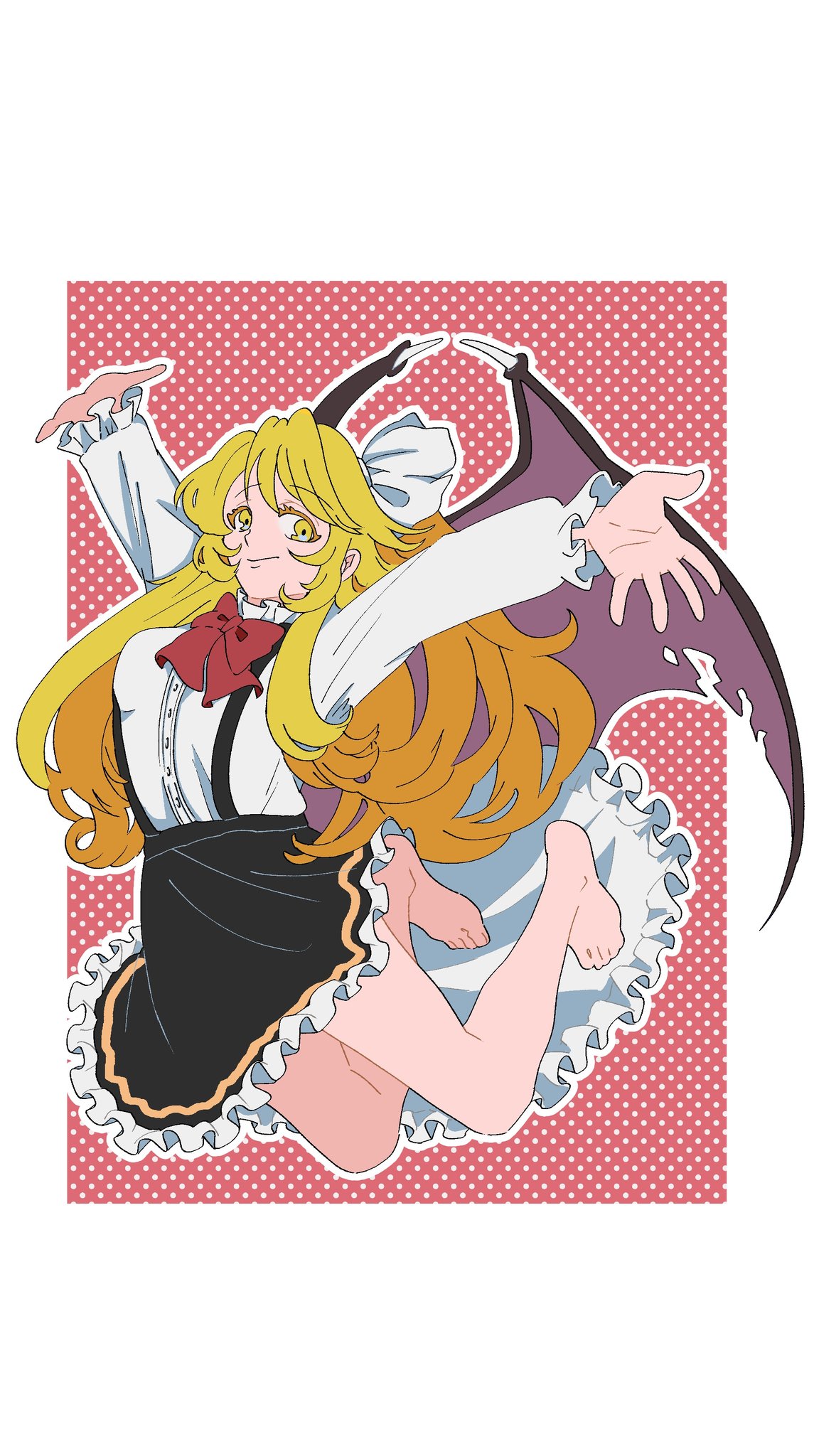 1girl, bare_legs, barefoot, black_skirt, black_suspenders, black_wings, blonde_hair, border, bow, bowtie, breasts, buttons, closed_mouth, commentary_request, demon_wings, frilled_skirt, frilled_sleeves, frills, full_body, hair_ribbon, highres, kurumi_(touhou), long_hair, long_sleeves, looking_at_viewer, pink_background, polka_dot, polka_dot_background, red_bow, red_bowtie, ribbon, shirt, shizuku_hky, simple_background, skirt, small_breasts, smile, solo, suspender_skirt, suspenders, toes, touhou, touhou_(pc-98), very_long_hair, white_border, white_ribbon, white_shirt, wings, yellow_eyes