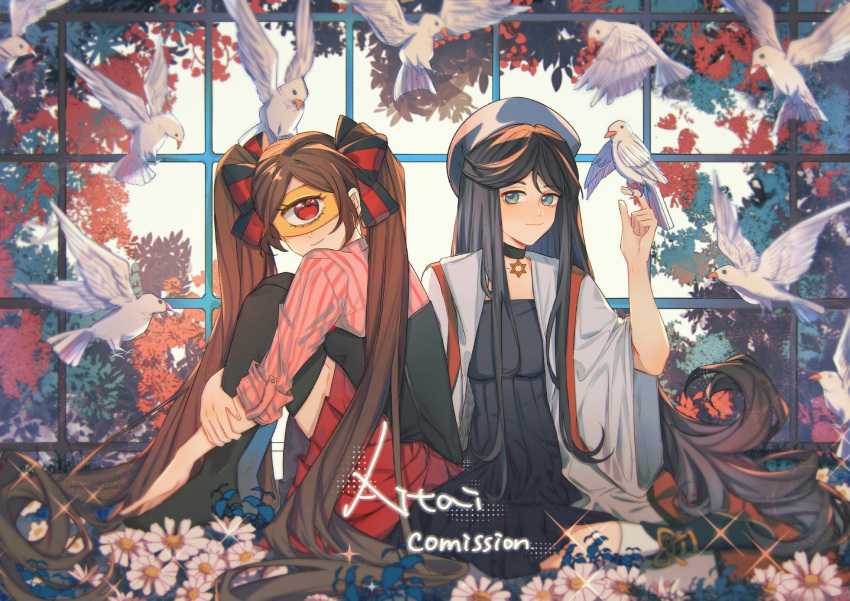 2girls, aitai918, ankle_socks, artist_name, beret, bird, bird_on_hand, black_bow, black_choker, black_dress, black_footwear, black_hair, black_pantyhose, black_vest, blue_hat, boots, bow, brown_hair, chinese_commentary, choker, closed_mouth, collared_shirt, commentary, commission, daisy, dove, dress, english_commentary, eye_mask, flower, footwear_ribbon, full_body, hair_bow, hat, hexagram, highres, holding_own_arm, indoors, long_hair, medium_dress, miniskirt, mixed-language_commentary, multiple_girls, one-eyed, original, pantyhose, pink_shirt, pleated_skirt, red_bow, red_eyes, red_skirt, ribbon, shawl, shirt, sidelocks, skirt, sleeves_rolled_up, smile, socks, sparkle, star_of_david, straight_hair, striped_clothes, striped_shirt, tree, twintails, two-tone_bow, vertical-striped_clothes, vertical-striped_shirt, very_long_hair, vest, watermark, white_flower, white_shawl, white_socks, window, yellow_mask, yellow_ribbon
