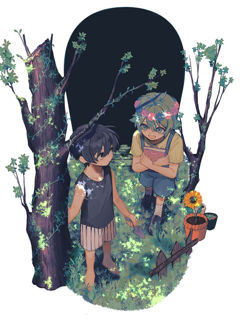 2boys, :d, antenna_hair, barefoot, basil_(omori), black_eyes, blue_flower, book