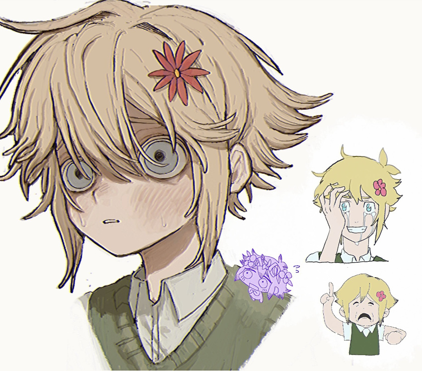 2boys, basil_(faraway)_(omori), basil_(headspace)_(omori), basil_(omori), blonde_hair, blue_eyes, close-up, collared_shirt