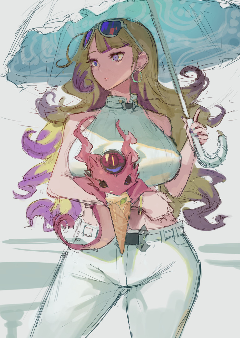 1girl, bare_shoulders, blonde_hair, breasts, crop_top, diabellze_the_original_sinkeeper, duel_monster, holding