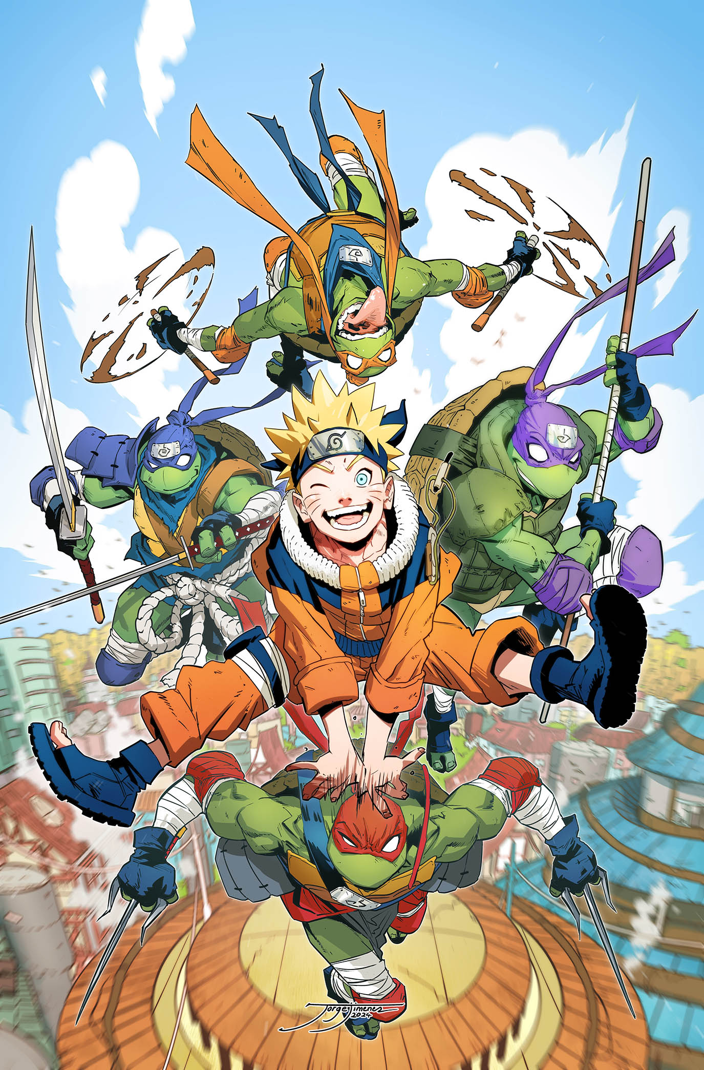 5boys, armor, blonde_hair, blue_eyes, bo_staff, colored_skin, comic_cover, commentary, crossover, donatello, donatello_(tmnt), facial_mark, forehead_protector, gloves, highres, holding, holding_nunchaku, holding_weapon, idw_publishing, jacket, jorgejimenezart, jumpsuit, katana, konohagakure_symbol, leonardo, leonardo_(tmnt), male_focus, mask, michelangelo, michelangelo_(tmnt), multiple_boys, naruto, naruto_(series), ninja, ninjatou, nunchaku, official_art, open_mouth, orange_pants, pants, raphael, raphael_(tmnt), reptile_boy, sai_(weapon), scarf, short_hair, short_sword, smile, spiky_hair, staff, sword, teenage_mutant_ninja_turtles, teenage_mutant_ninja_turtles_(idw), teeth, turtle, turtle_boy, uzumaki_naruto, uzumaki_symbol, weapon, western_comics_(style), whisker_markings, yellow_jumpsuit