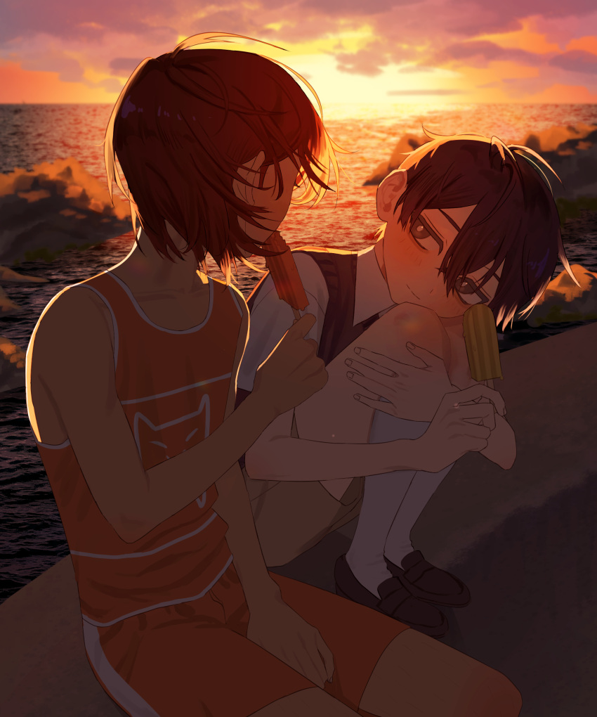 2boys, absurdres, black_eyes, black_hair, black_sweater_vest, brown_hair, brown_shorts, closed_mouth