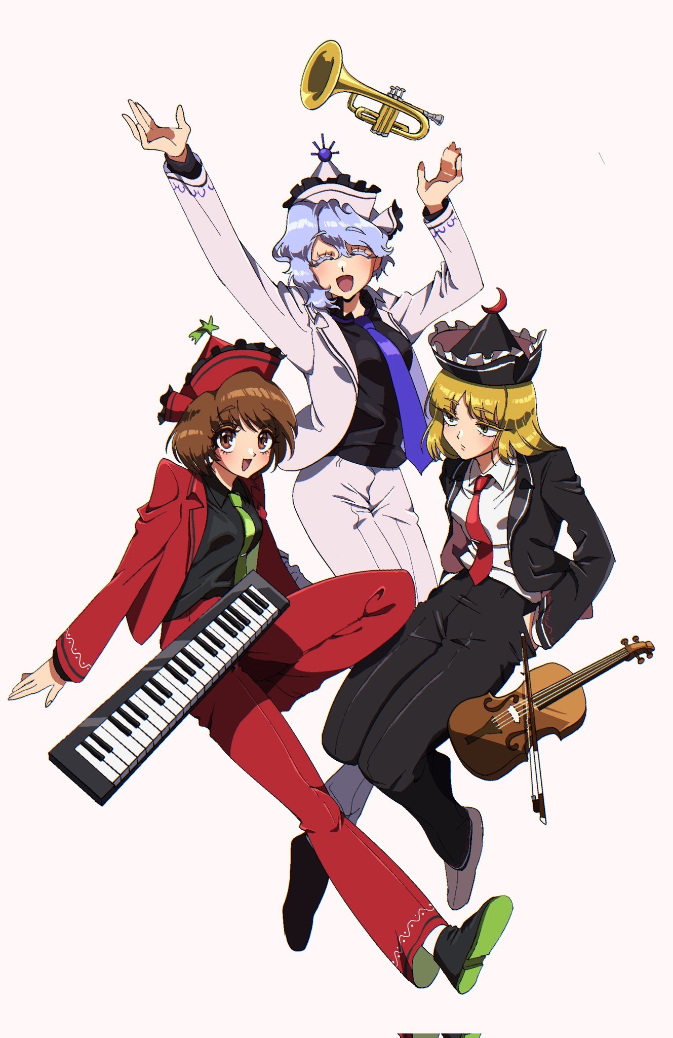 3girls, :d, adapted_costume, black_footwear, black_hat, black_jacket, black_pants, black_shirt, blonde_hair, bow_(music), brown_eyes, brown_hair, closed_mouth, collared_shirt, colored_shoe_soles, commentary_request, crescent, crescent_hat_ornament, facing_viewer, frilled_hat, frills, full_body, green_necktie, hands_in_pockets, hat, hat_ornament, highres, instrument, jacket, keyboard_(instrument), looking_at_viewer, lunasa_prismriver, lyrica_prismriver, meiyamada10, merlin_prismriver, multiple_girls, necktie, open_mouth, pants, pink_hat, pink_jacket, pink_pants, purple_hair, purple_necktie, red_hat, red_jacket, red_necktie, red_pants, shirt, shooting_star_hat_ornament, short_hair, simple_background, smile, sun_hat_ornament, touhou, trumpet, violin, white_background, white_shirt, yellow_eyes