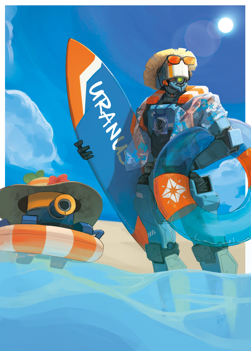 1other, absurdres, alternate_costume, beach, blue_sky, cassette_player, character_name, clouds