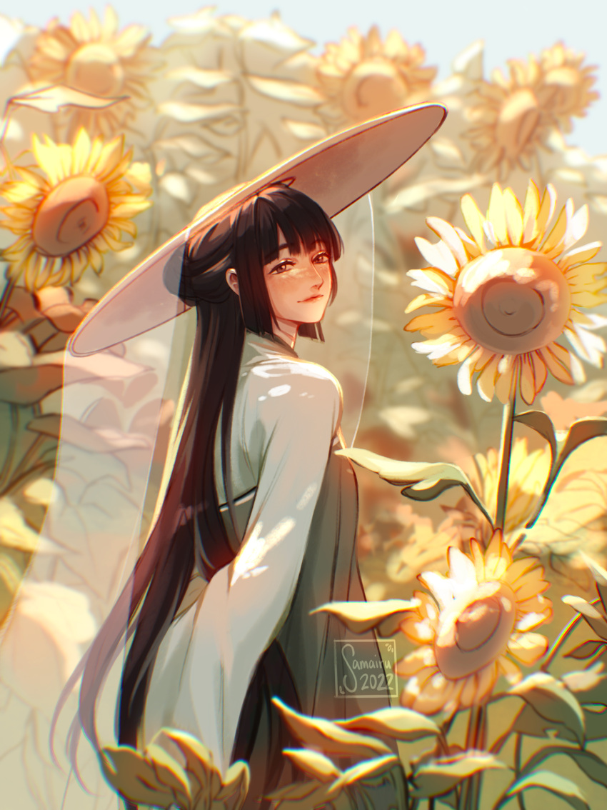 1girl, arms_behind_back, artist_name, blunt_bangs, blunt_sidelocks, blurry, blurry_background, brown_eyes, brown_hair, closed_mouth, commentary, day, depth_of_field, dress, english_commentary, field, flower, flower_field, green_dress, hat, highres, long_hair, long_sleeves, looking_at_viewer, outdoors, samairu, scar, scar_on_neck, see-through, see-through_veil, sky, smile, solo, standing, sunflower, sunlight, tianguan_cifu, veil, very_long_hair, watermark, wide_sleeves, yellow_flower, yushi_huang