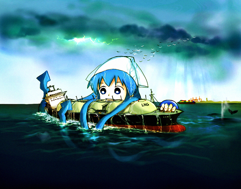 cloud, clouds, giantess, giba_ryan, ikamusume, kraken, lightning, ocean, shinryaku!_ikamusume, ship, solo, tentacle_hair, water, whale