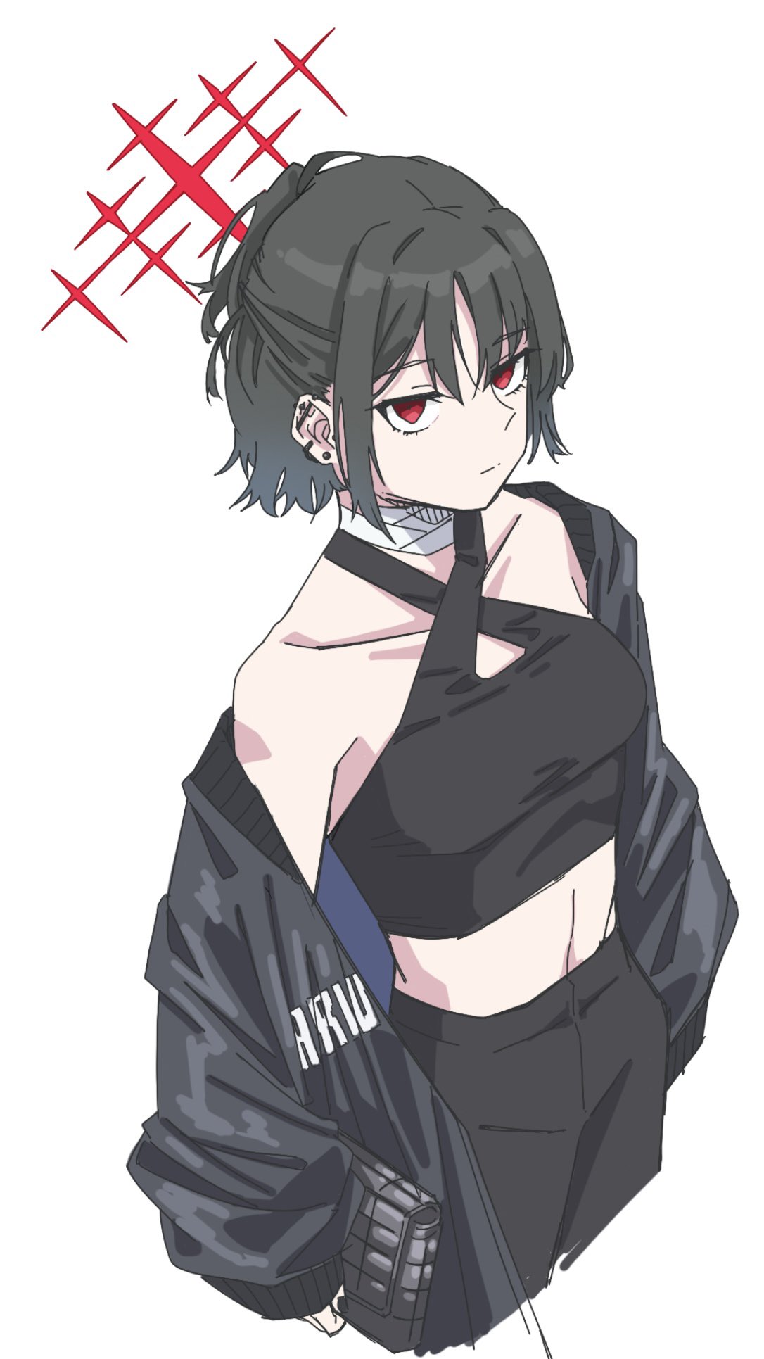 1girl, bandaged_neck, bandages, barbell_piercing, black_jacket, black_pants, blue_archive, criss-cross_halter