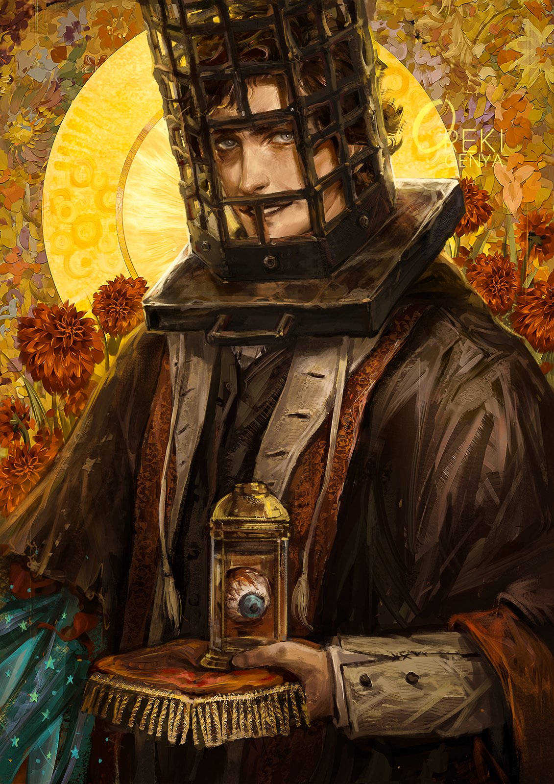 1boy, artist_name, black_cloak, black_hair, black_robe, bloodborne, cage, cloak, eyeball, head_cage, highres, holding, holding_tray, jar, long_sleeves, looking_at_viewer, male_focus, mensis_cage, micolash_host_of_the_nightmare, oreki_genya, robe, short_hair, smile, solo, tray, upper_body, wide_sleeves, yellow_background