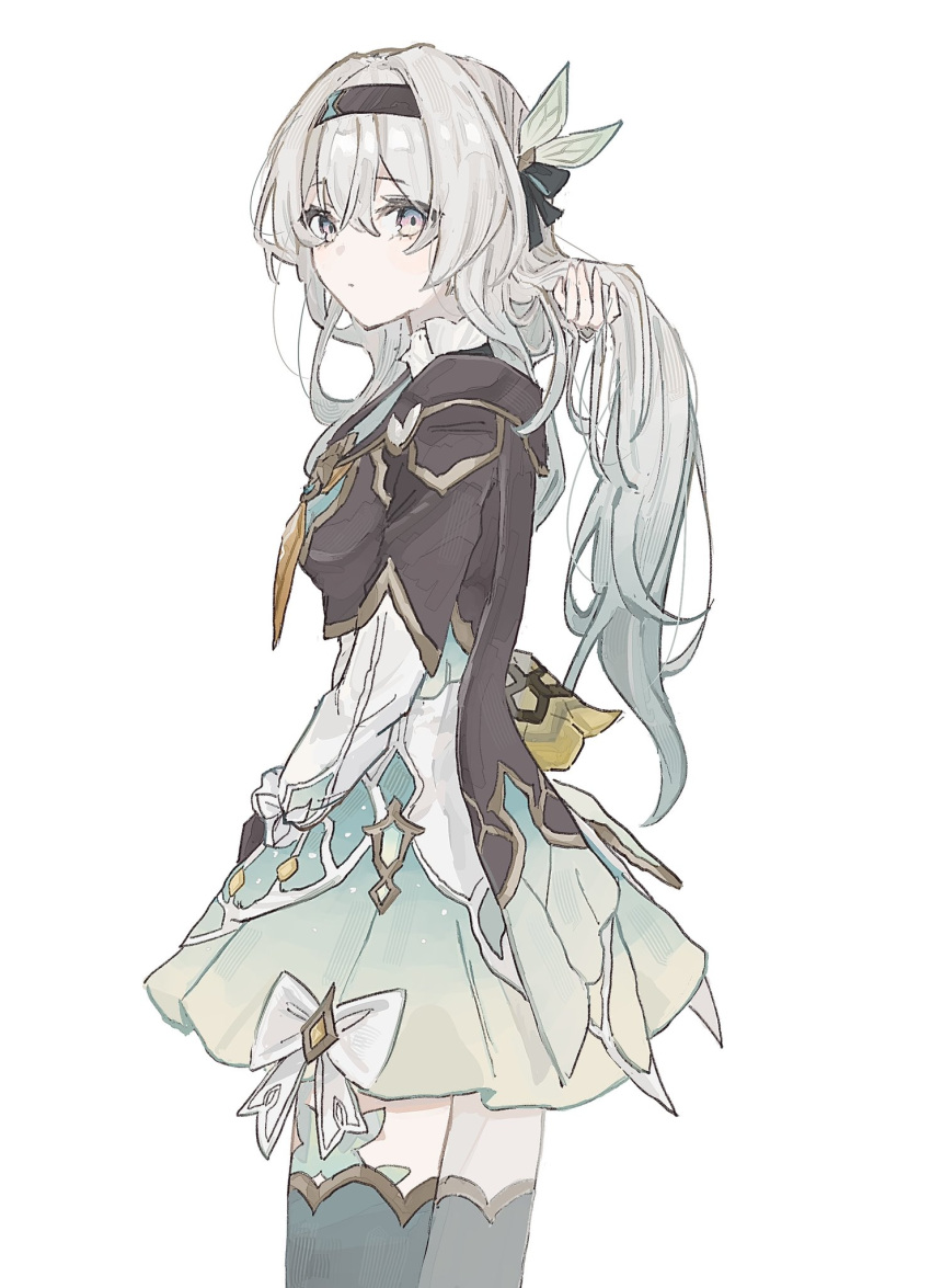 1girl, black_hairband, breasts, collared_shirt, cowboy_shot, cropped_jacket, firefly_(honkai:_star_rail), frilled_sleeves, frills, from_side, green_skirt, green_thighhighs, grey_hair, hair_between_eyes, hair_ornament, hairband, hand_in_own_hair, highres, honkai:_star_rail, honkai_(series), long_hair, long_sleeves, looking_at_viewer, medium_breasts, neckerchief, orange_neckerchief, rekka_shinai, shirt, simple_background, skirt, solo, thigh-highs, two-tone_eyes, white_background