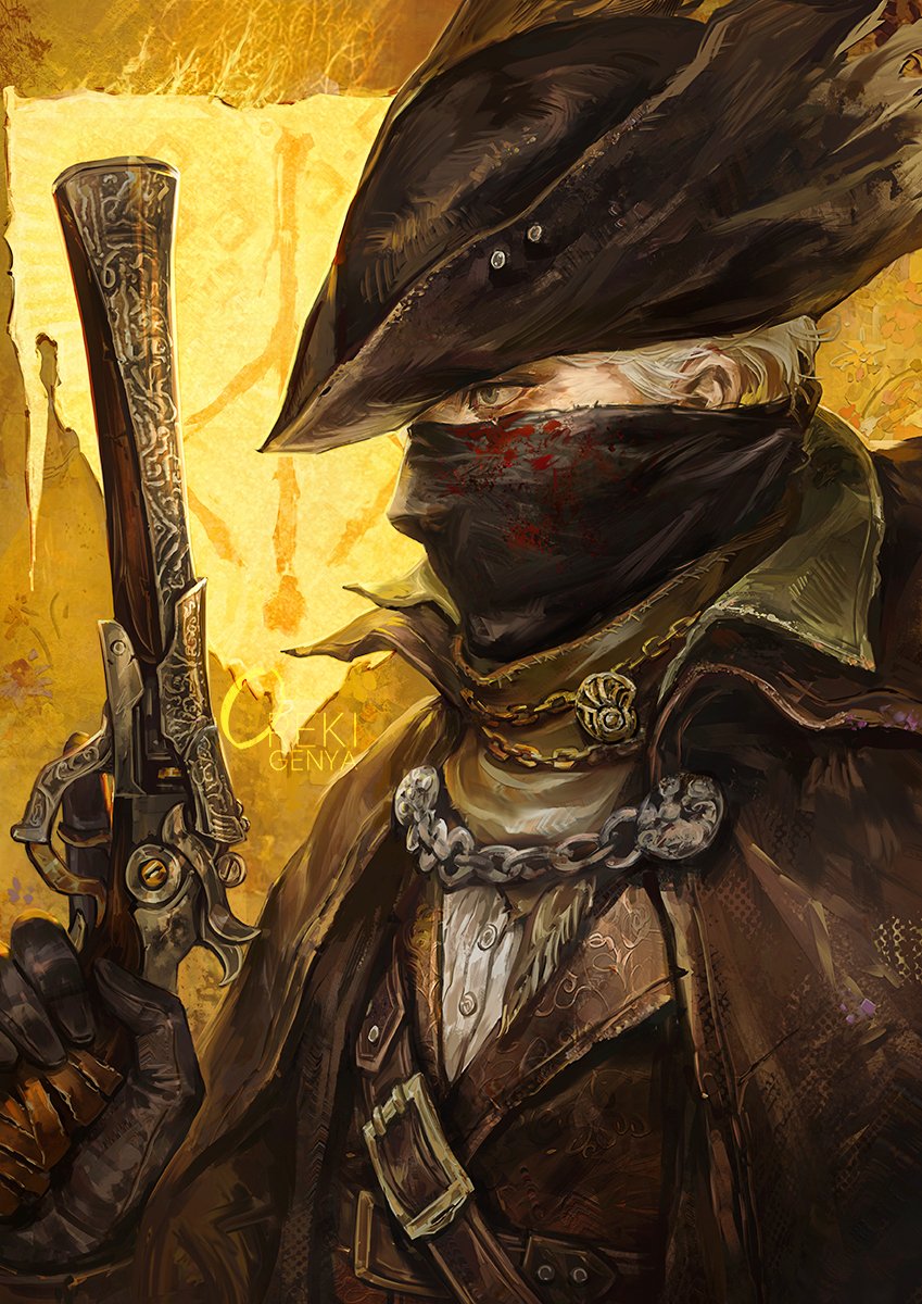 1other, ambiguous_gender, black_eyes, black_gloves, black_hat, black_jacket, black_vest, bloodborne