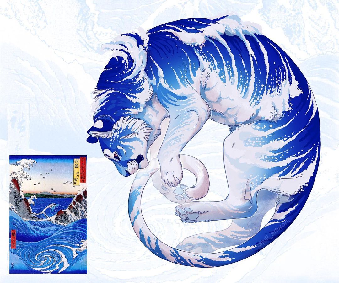 animal, animal_focus, animalization, bent_back, blue_fur, blue_theme, closed_mouth, curled_up, english_commentary, fine_art_parody, from_side, full_body, gradient_fur, juli_artwork, material_growth, no_humans, non-web_source, orange_eyes, original, parody, profile, realistic, reference_inset, solo, tiger, two-tone_fur, whirlpool_at_naruto, white_fur