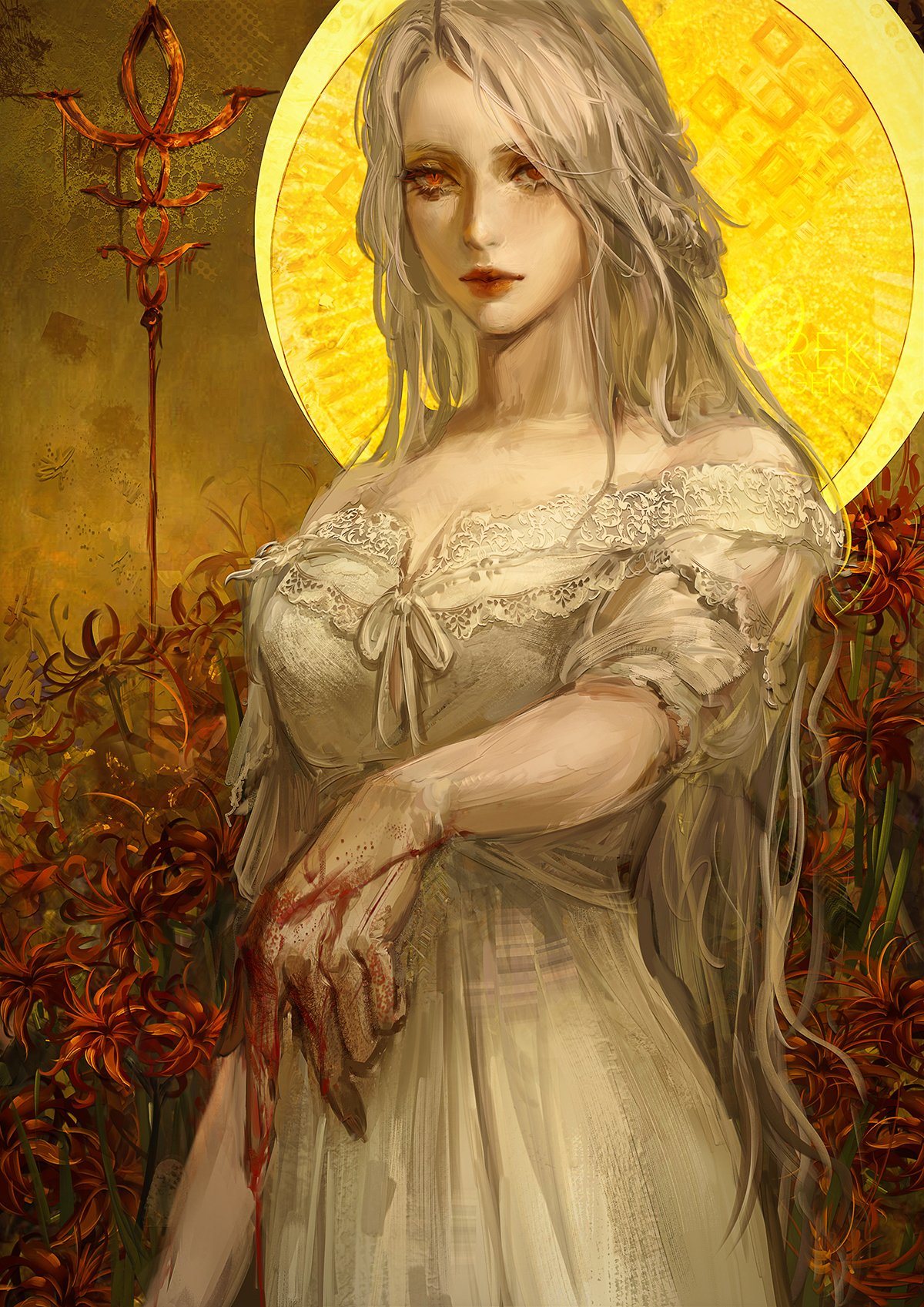 1girl, annalise_queen_of_the_vilebloods, blood, blood_on_hands, bloodborne, closed_mouth, cowboy_shot, dress