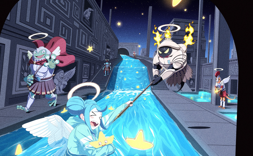>_<, 1girl, 5others, afloat, angel, angel_wings, anger_vein, animal_hug