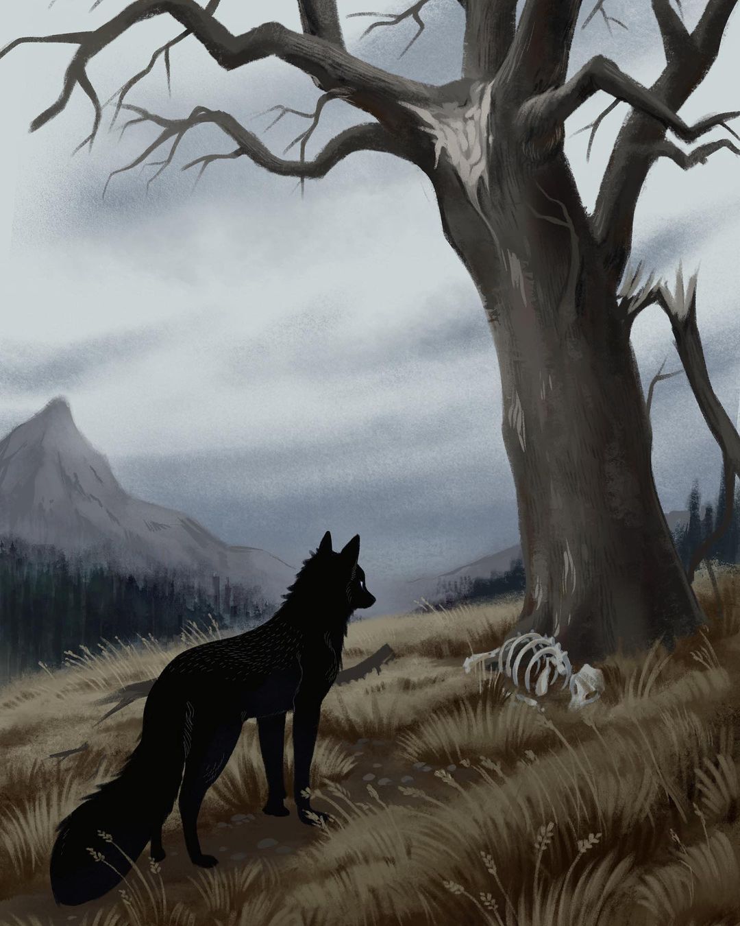 animal, animal_focus, animal_skeleton, bare_tree, clouds, cloudy_sky, day, dry_grass