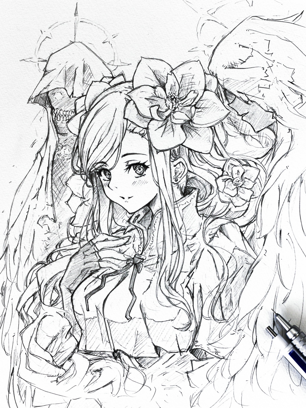 1girl, blush, braid, braided_ponytail, crop_top, dizzy_(guilty_gear), flower, greyscale
