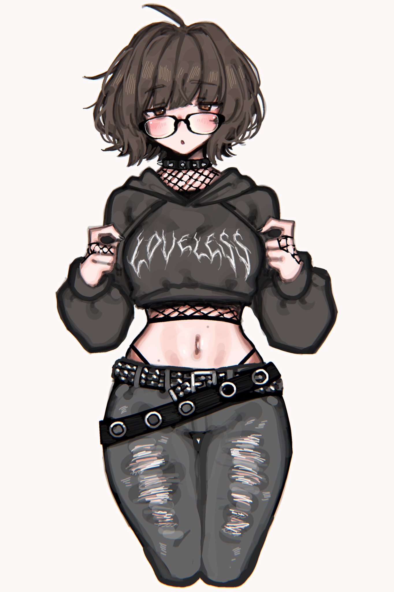 1girl, aki_(snale), belt, brown_hair, collar, female, glasses, gothic