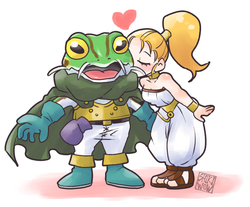 1boy, 1girl, :o, artist_name, bare_shoulders, belt, blonde_hair, blue_footwear